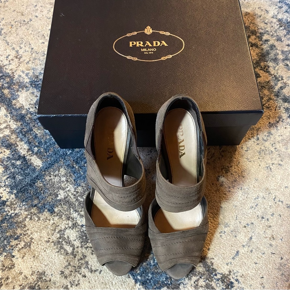 Prada Suede Leather Brown High Heel Peep-Toe Shoes - Picture 2 of 13